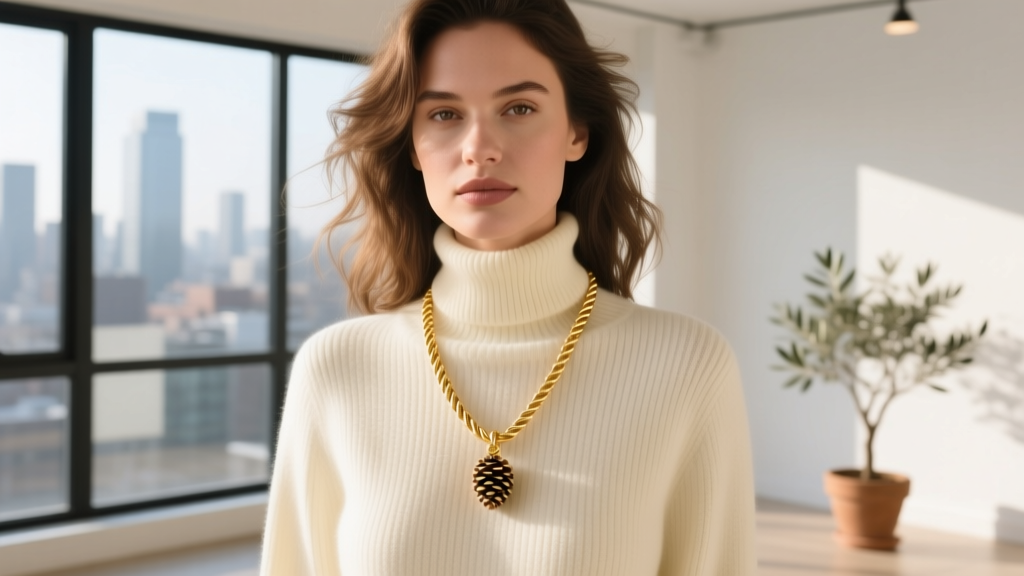 Woman wearing a layered 18-inch gold vermeil rope chain with a small pinecone pendant, paired with a cozy cream turtleneck sweater.