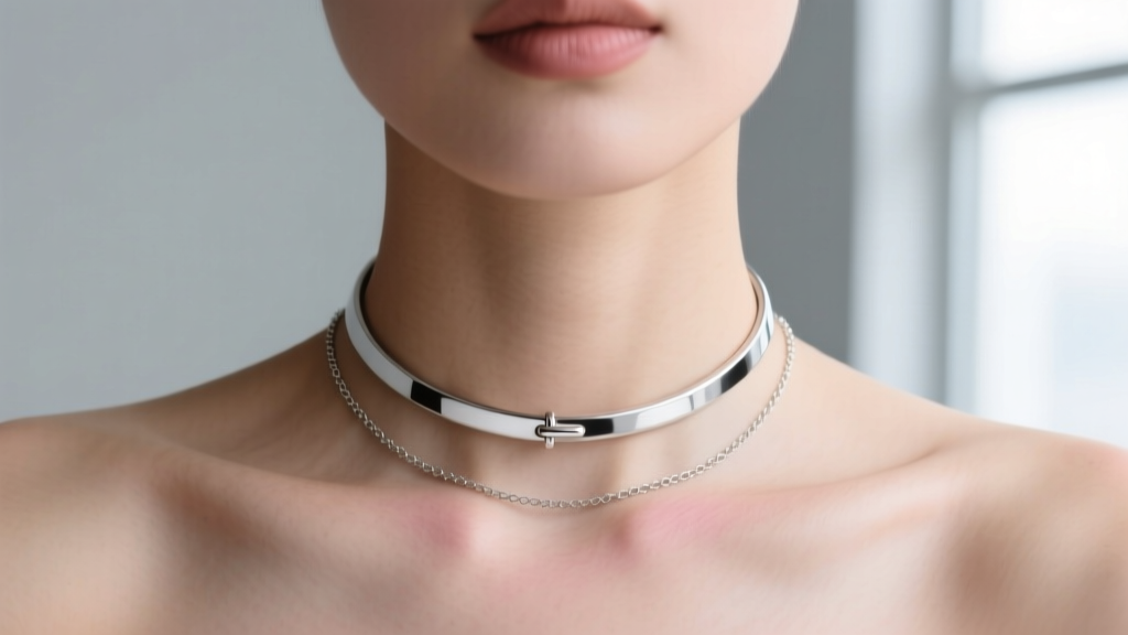 Silver choker necklace modified with a 2-inch extender chain, resting comfortably just below the collarbone in soft natural light