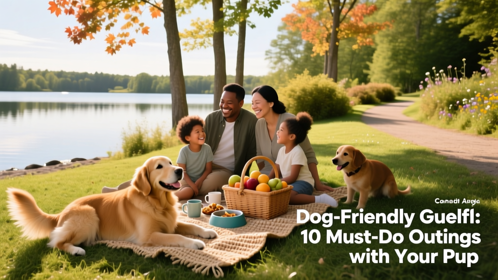 A family enjoying a lakeside picnic with their dog at Guelph Lake Conservation Area