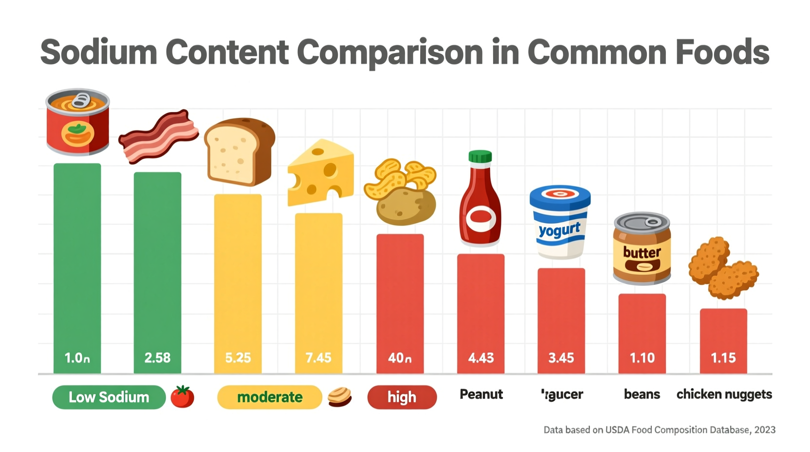 Comparaison visuelle de la teneur en sodium entre MSG, sel et autres aliments courants