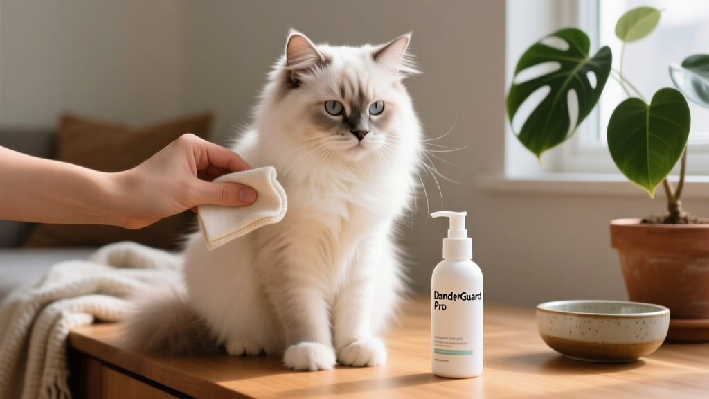Hand applying dander remover liquid to a cat's coat using a soft cloth