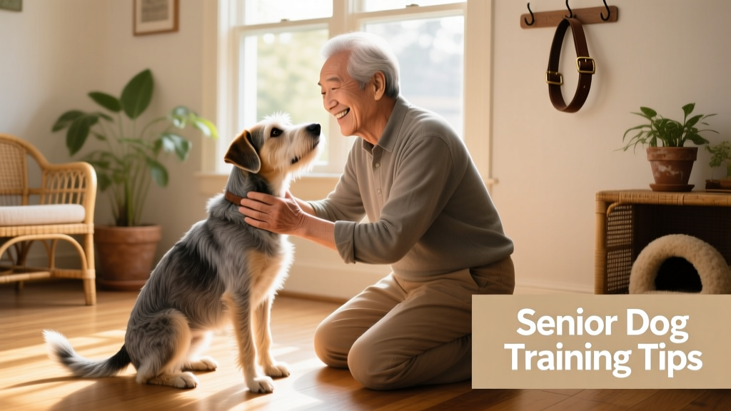Smiling owner giving gentle praise to their senior dog after a successful training session