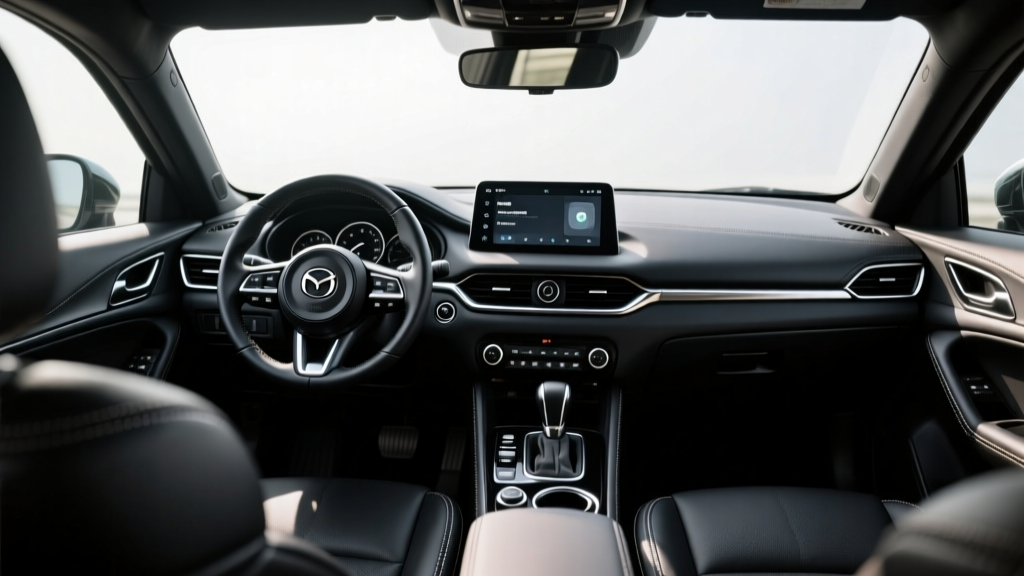 Interior dashboard view of the Mazda CX-50 Hybrid showing leather seats, infotainment screen, and steering wheel controls