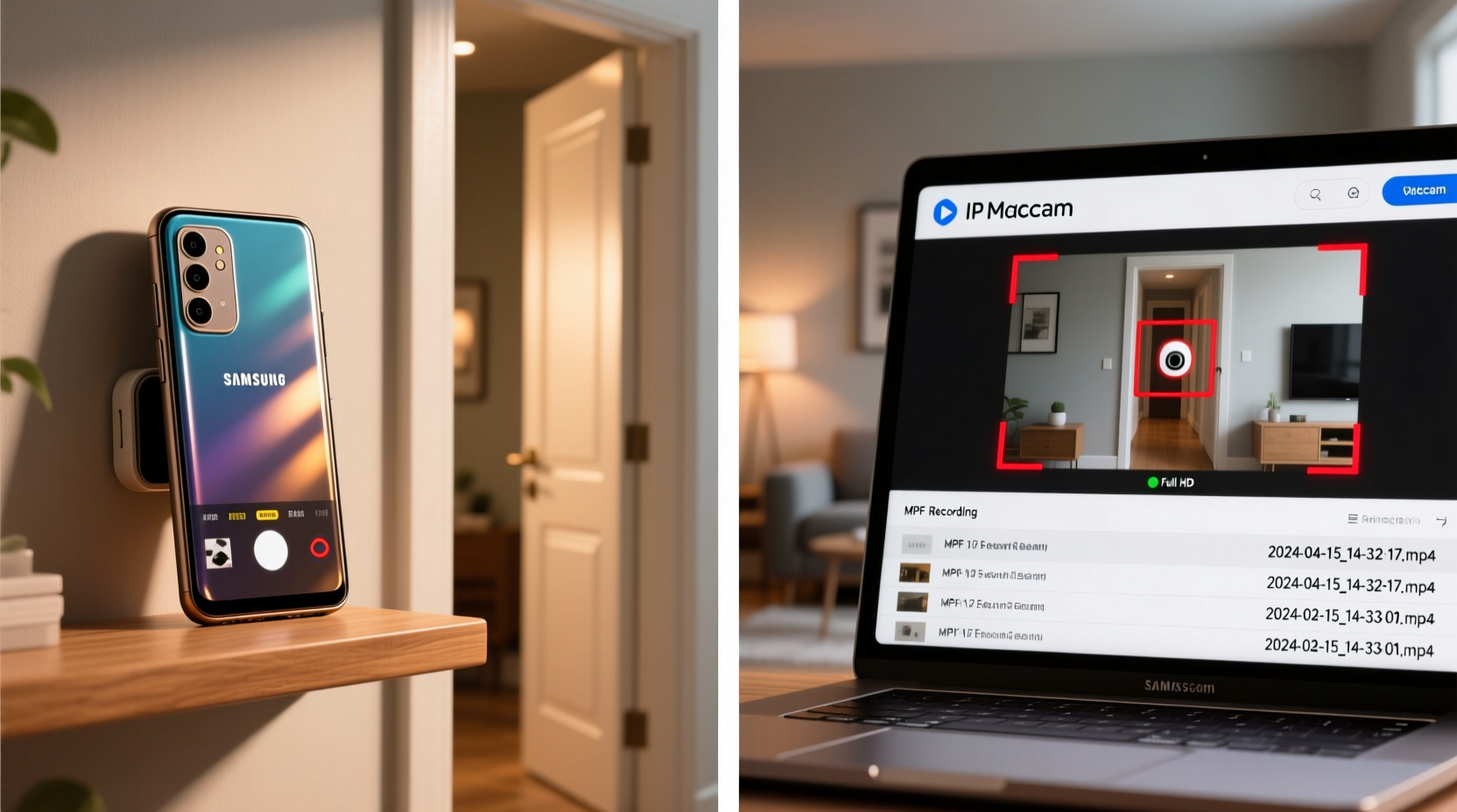 Side-by-side view: an older Android phone mounted on a bookshelf pointing toward a front door, connected via USB-C cable to a wall charger, with Alfred Camera interface visible on a tablet showing live feed and motion alert banner