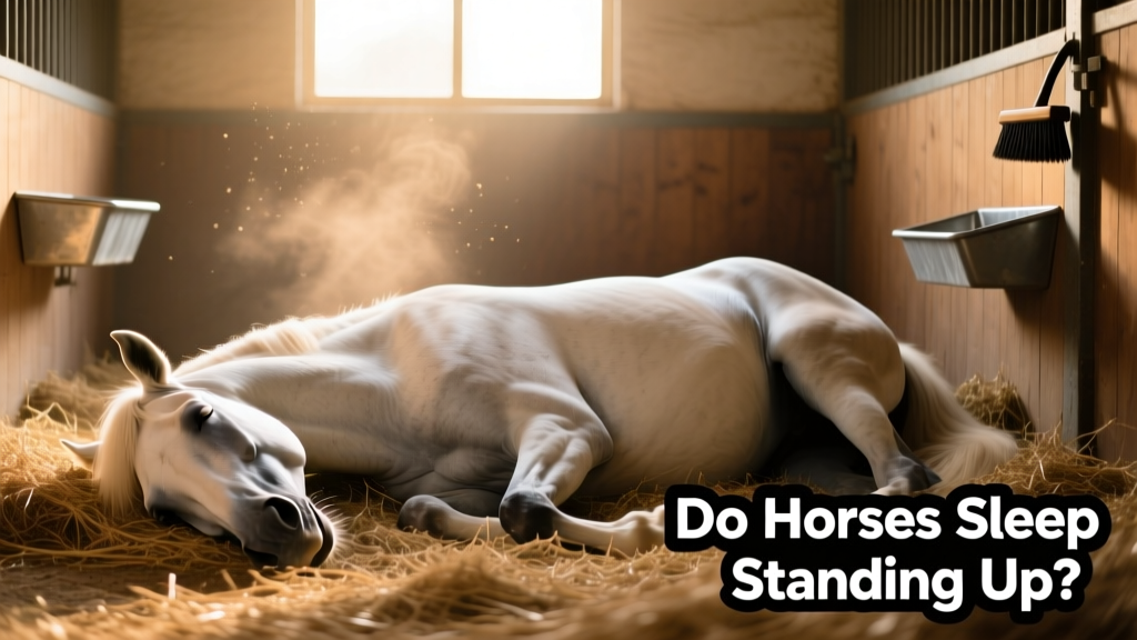 A horse peacefully lying on its side in a clean, well-bedded stall, eyes closed and breathing deeply