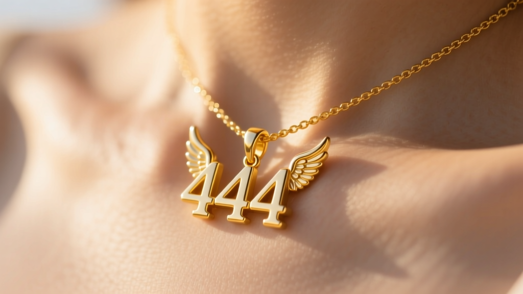 Close-up of a 14k yellow gold 444 angel number pendant on a collarbone, bathed in warm golden hour sunlight, sharp focus