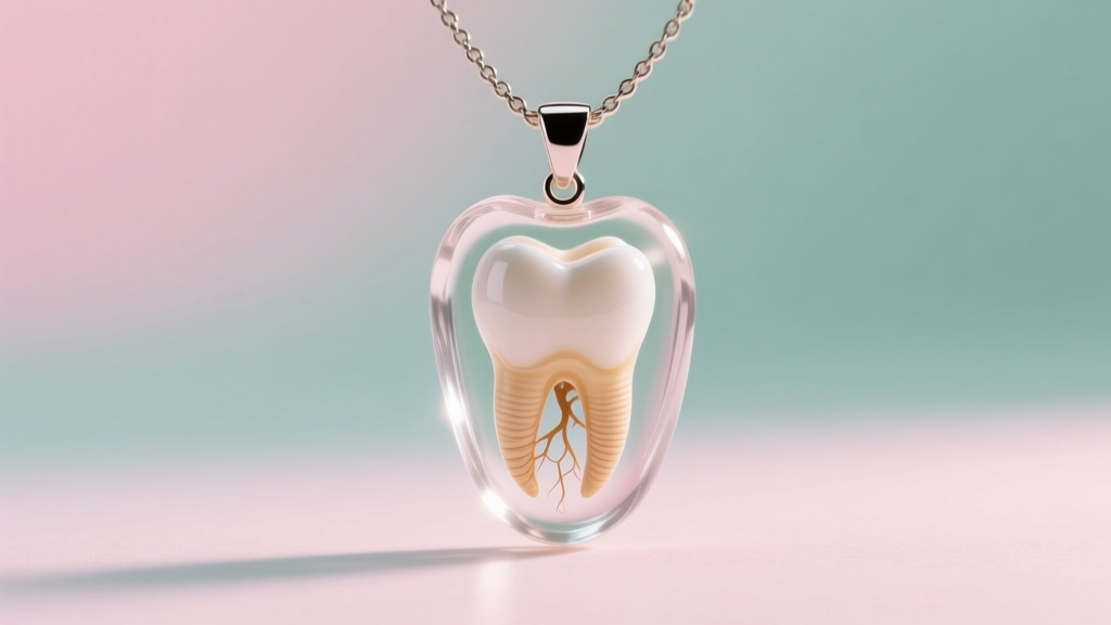 Clear resin-encapsulated wisdom teeth necklace showing a suspended molar with visible roots against a pastel backdrop