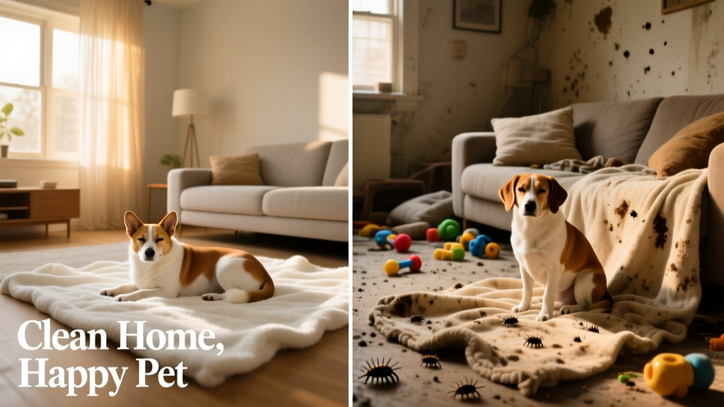 Side-by-side comparison: clean, vacuumed living room with pet lying calmly on a freshly washed blanket versus cluttered, dusty space with visible flea dirt on fabric