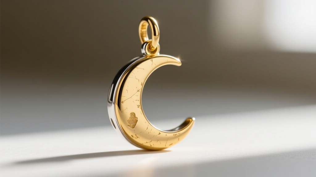 Close-up of a gold vermeil moon charm showing wear on the prong setting, revealing the sterling silver base metal beneath the gold