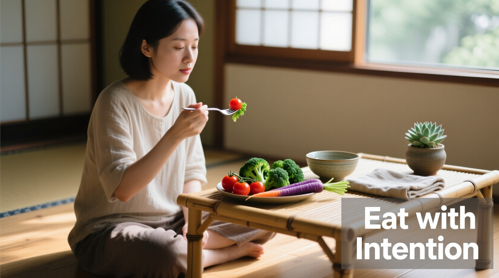 Person practicing mindful eating with fresh vegetables