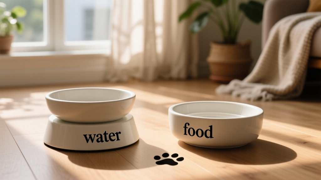 Side-by-side photo: one clean, elevated ceramic cat bowl labeled 'water', another nearby bowl labeled 'food'—both free of toys