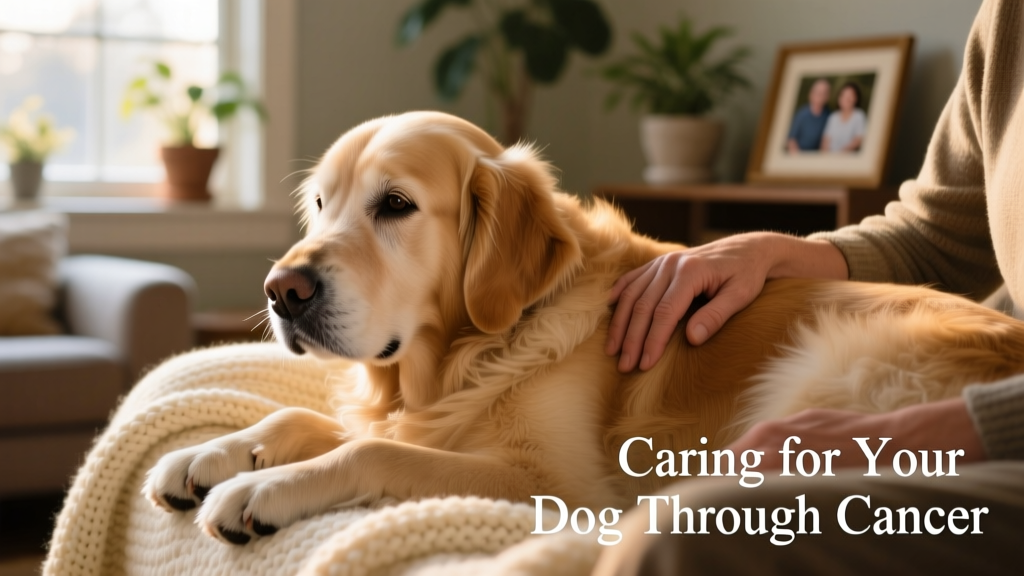 A gentle close-up of a calm dog resting beside their owner on a soft blanket