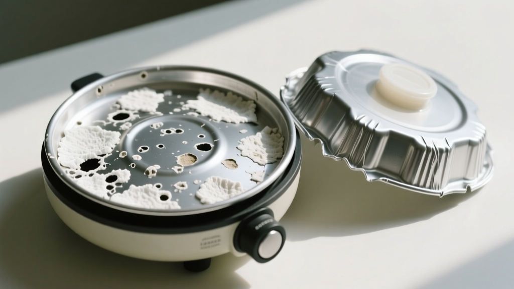 Disassembled aluminum heating plate of a compact egg cooker showing white calcium buildup and pitting next to a warped plastic lid