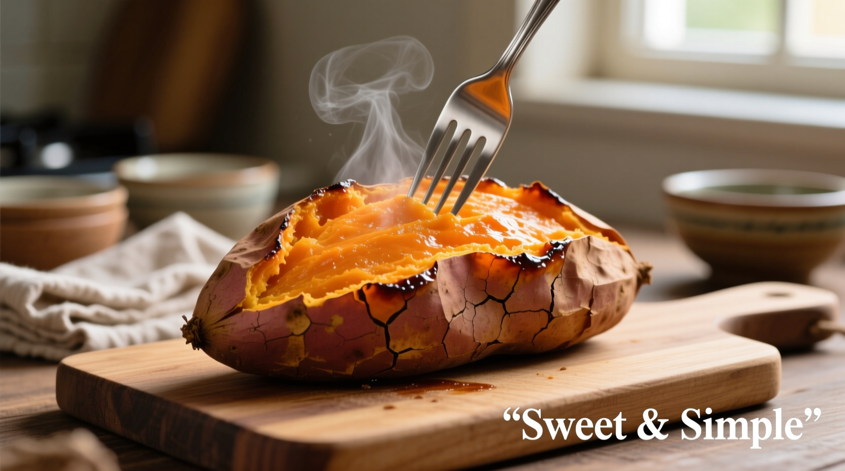 Perfectly baked sweet potatoes with fork showing tender interior