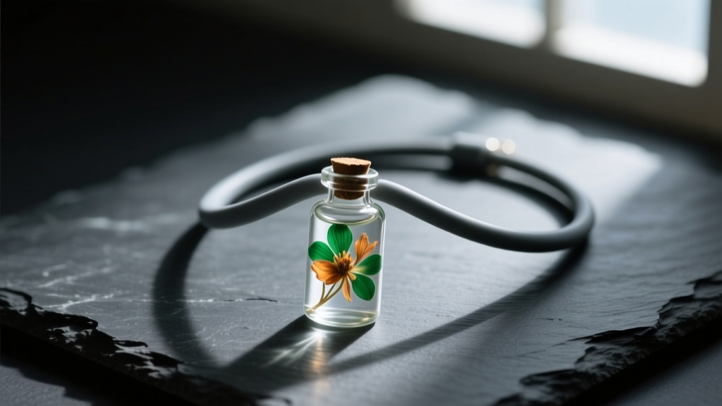 Silicone cord necklace with a glass vial pendant on dark slate, moody lighting, high contrast, sharp details, top-down view