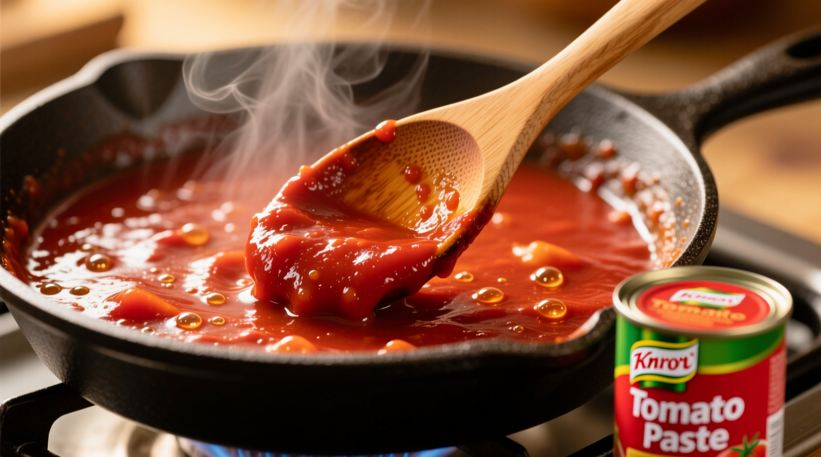Knorr tomato paste being stirred into simmering sauce