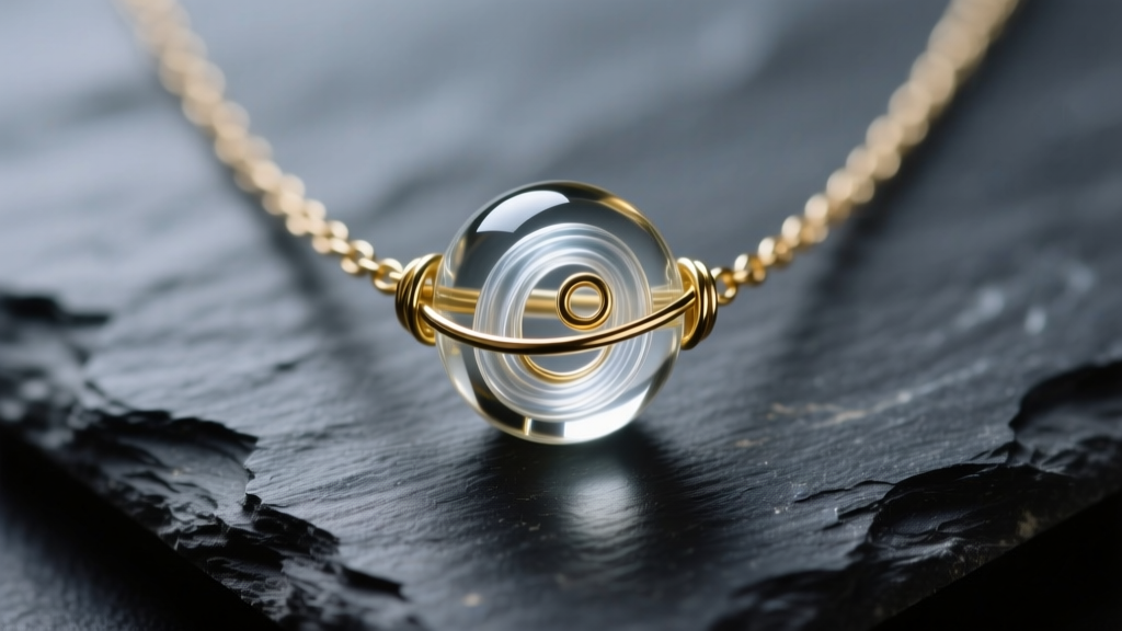 Macro shot of a borosilicate glass bead pendant necklace on dark slate, showing internal glass ribbons and gold wire wrapping.