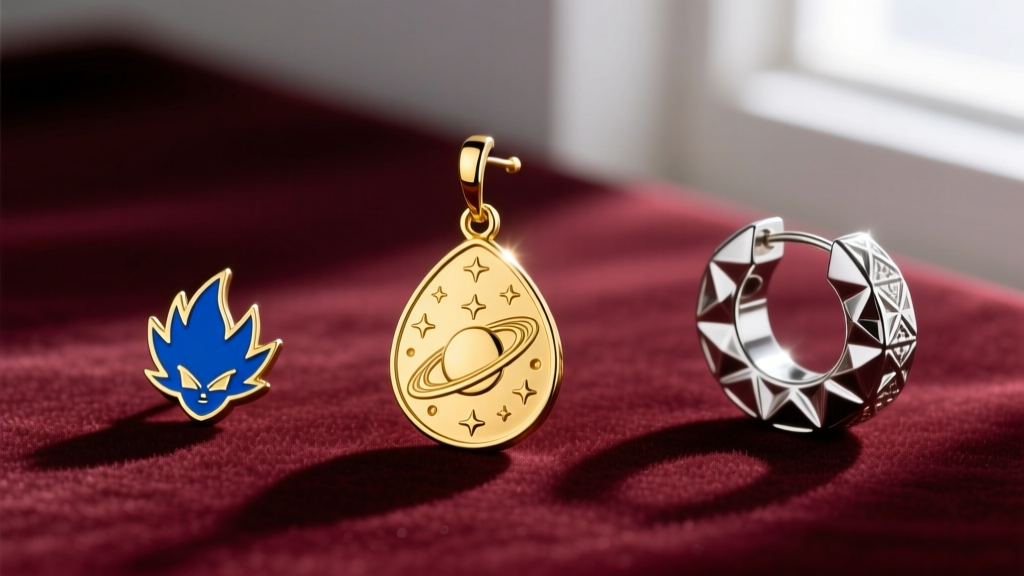 Flat lay of anime earrings on velvet: a gold Potara drop, a blue enamel Saiyan crest stud, and a chunky silver hoop earring piece