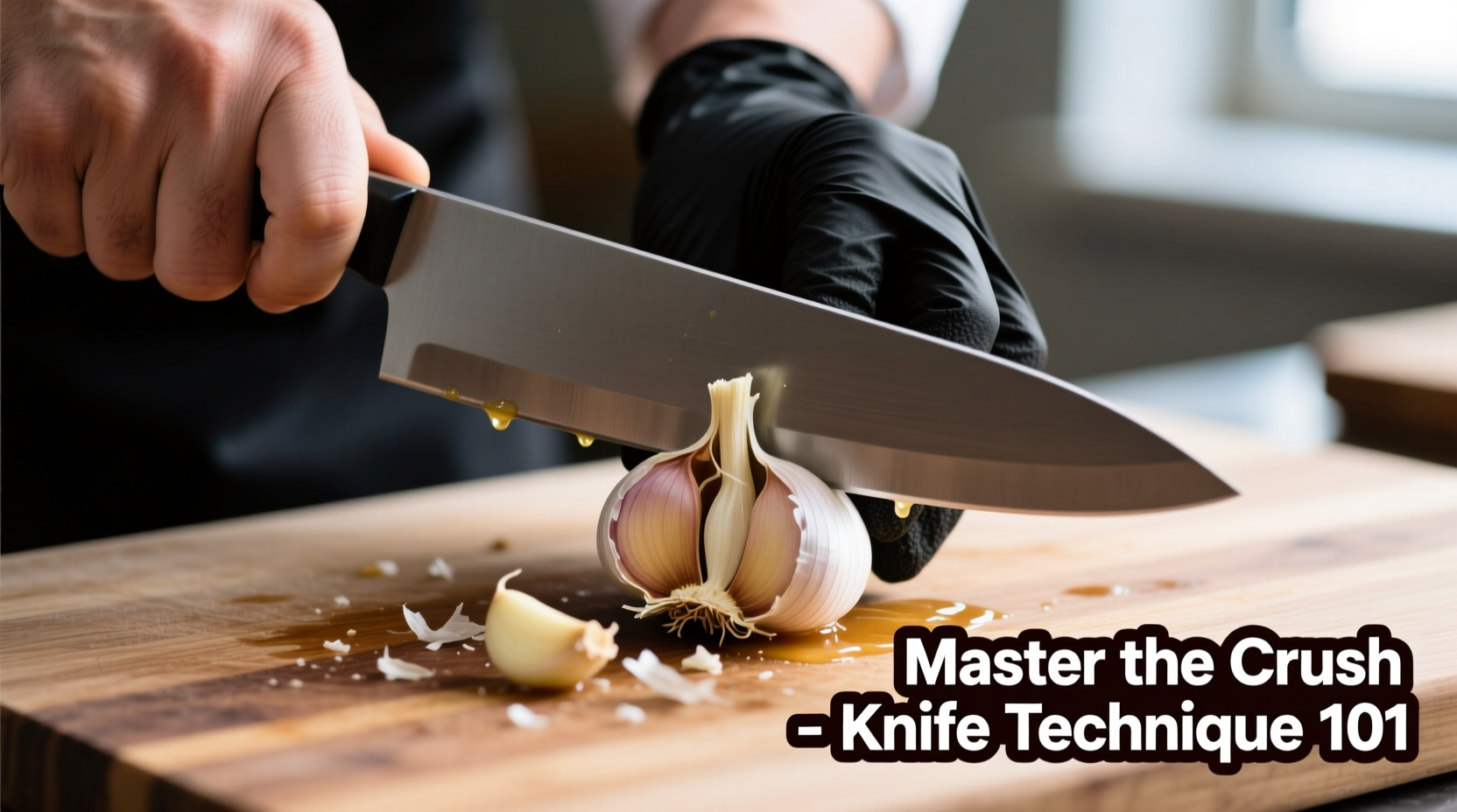 Chef's hand demonstrating proper garlic smashing technique with knife