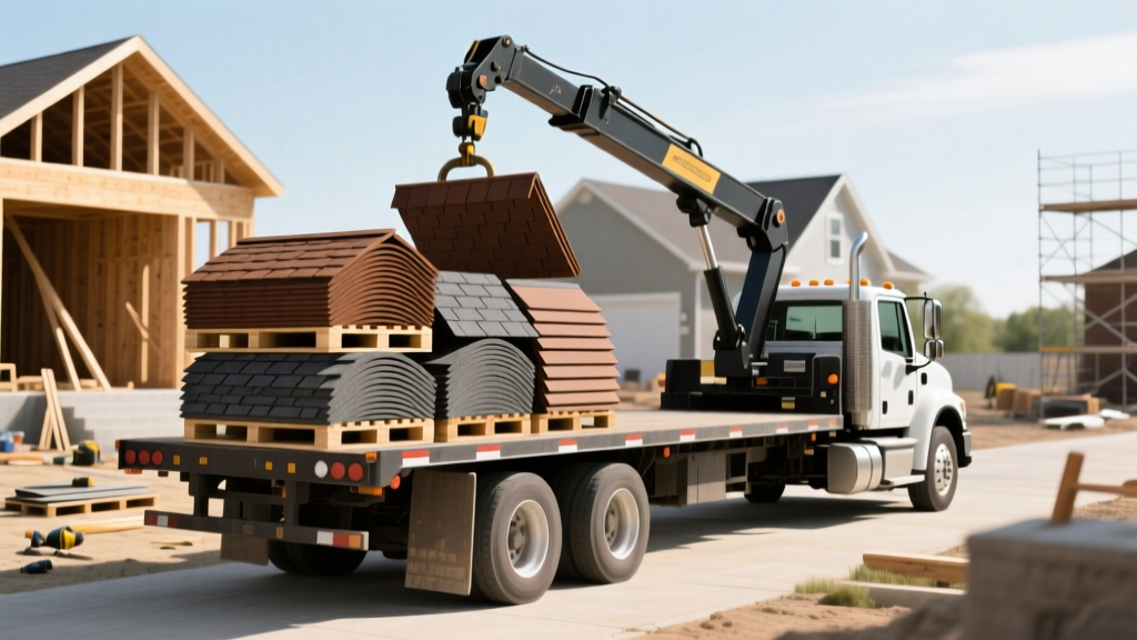 Flatbed boom truck delivering stacked pallets of architectural asphalt shingles and fiber cement siding to a residential construction site in Saginaw Michigan