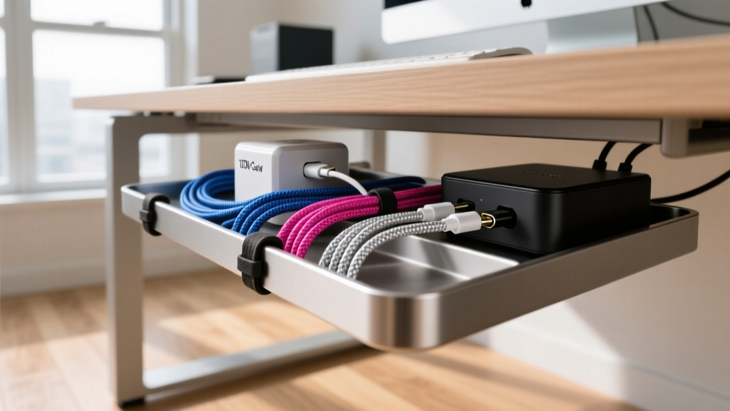 Under-desk cable management tray showing neatly routed braided USB-C cables connected to a 100W GaN charger and a smart home hub.