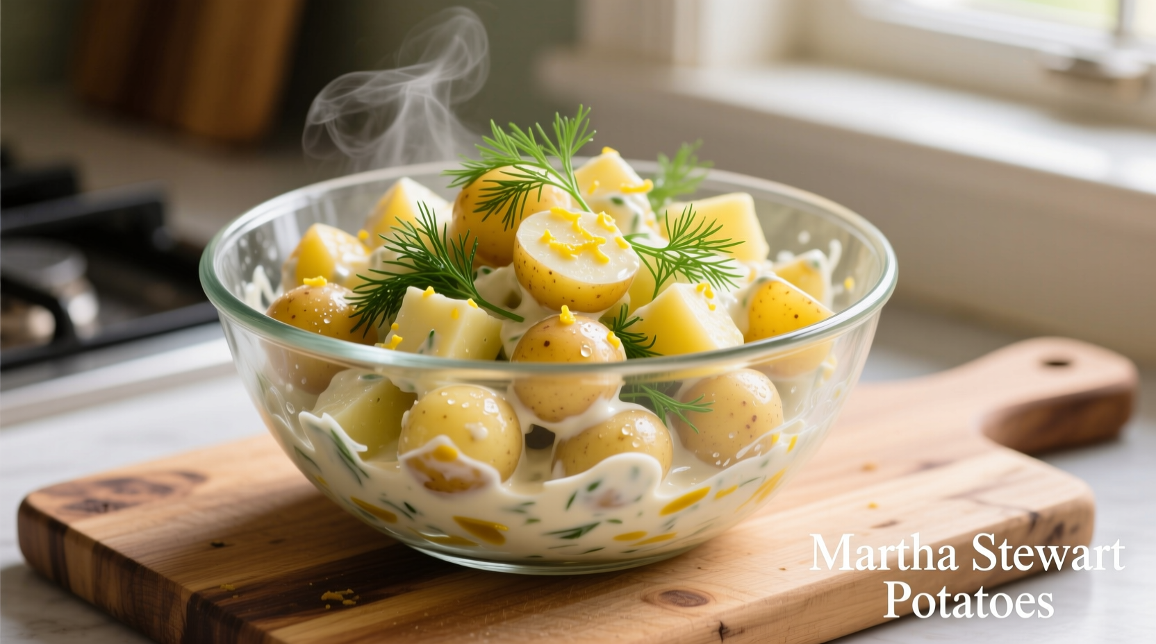 Martha Stewart potato salad in glass bowl with fresh dill garnish