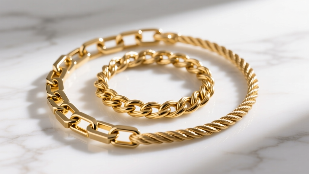Macro shot of three layered gold chains showing a box chain, a rope chain, and a cable chain resting on a white marble surface.