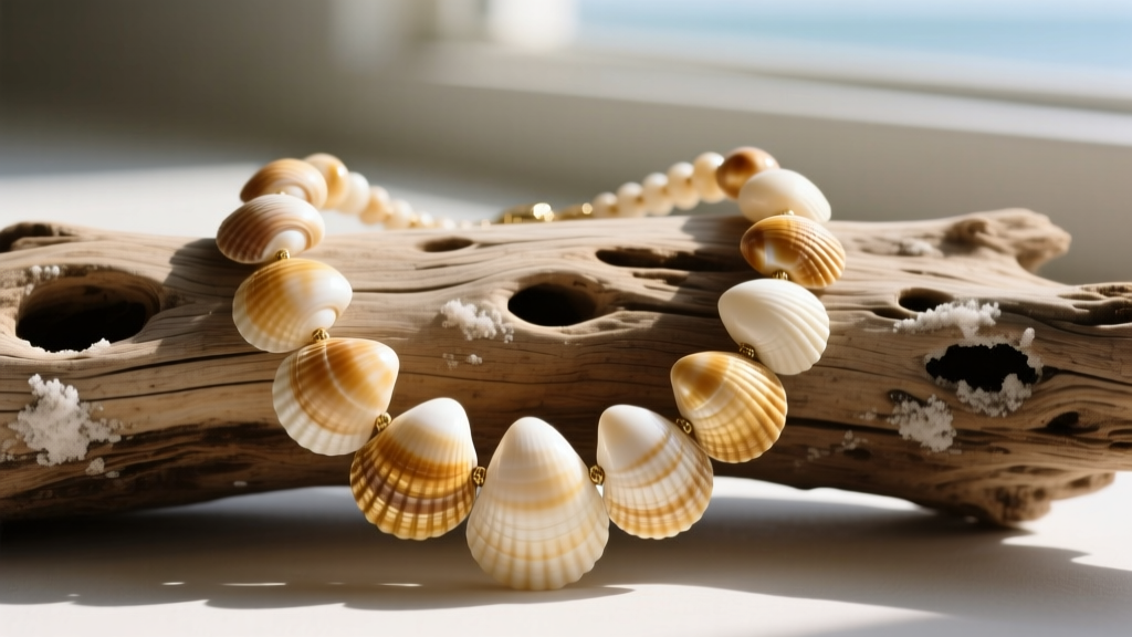 Close-up of a vintage 1990s graduated puka shell necklace on driftwood, highlighting irregular natural holes and warm cream tones.