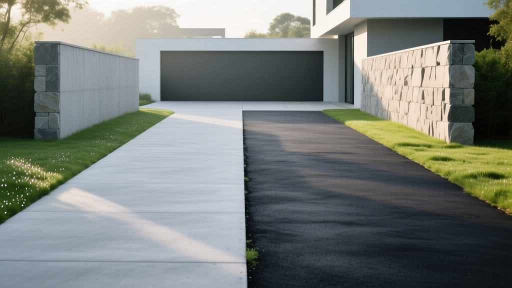 Split driveway showing light gray brushed concrete next to fresh dark asphalt, bordered by green grass and modern stone retaining walls.