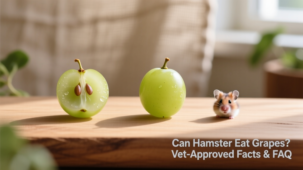Side-by-side comparison of safe grape portion (one small seedless grape halved) next to a full grape and a hamster pellet