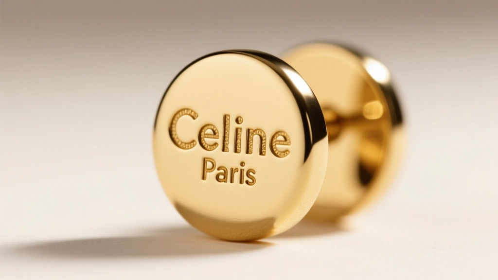 Macro photography of the back of a Celine Triomphe gold earring, sharply focusing on the engraved Celine Paris hallmark stamp.