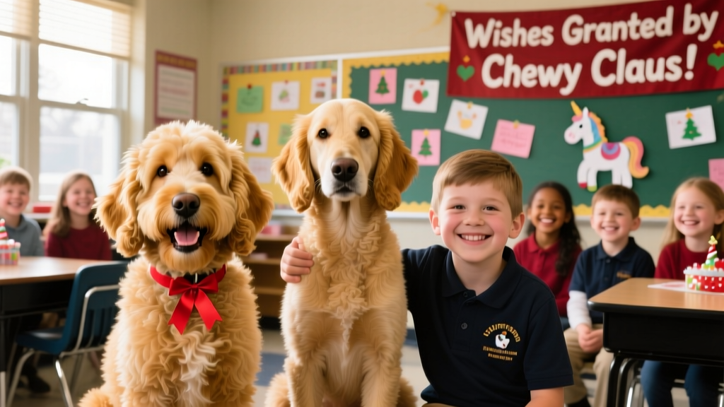 Chewie and Solo, two Goldendoodles, sitting side by side with students at a Clifton elementary school