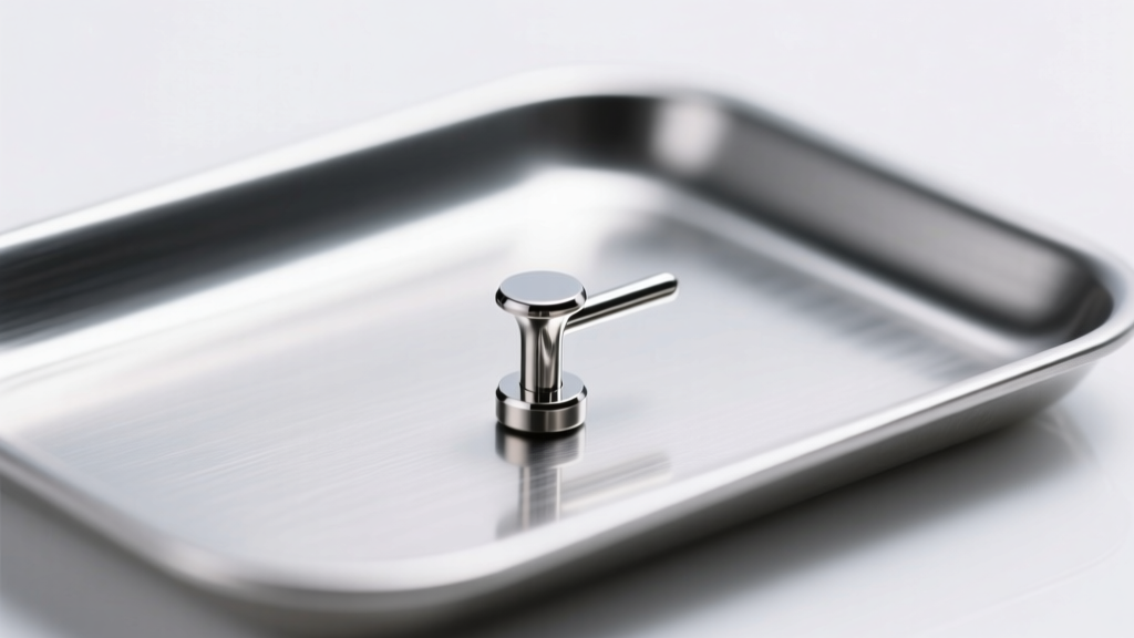 Macro shot of a polished titanium labret stud resting on a sterile metal tray, highlighted by bright, soft clinical lighting.
