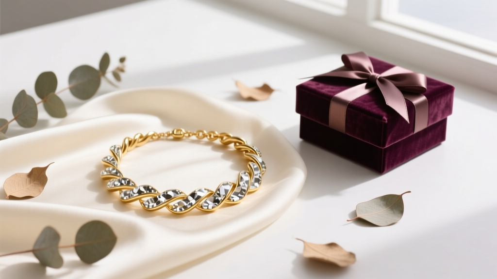 Flat lay of a gold J Crew twisted crystal necklace resting on cream silk next to a velvet gift box and dried eucalyptus leaves