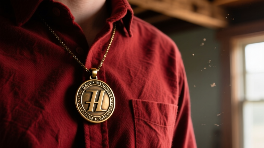 Solid brass Dean Winchester amulet necklace on a red flannel shirt, moody lighting highlighting the engraved metal surface.