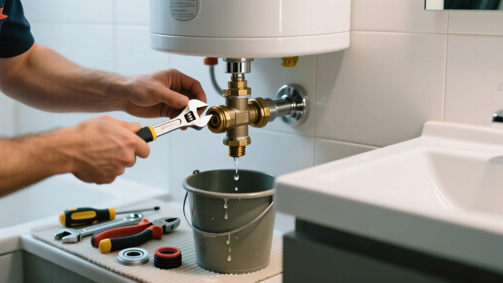 Fixing a Leaking Water Heater Pressure Relief Valve in Bathroom