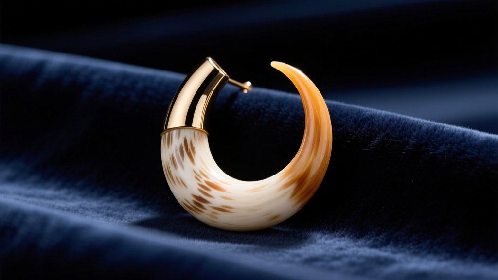 Polished buffalo horn crescent earring taper on dark velvet, highlighting its smooth curve and natural grain patterns.