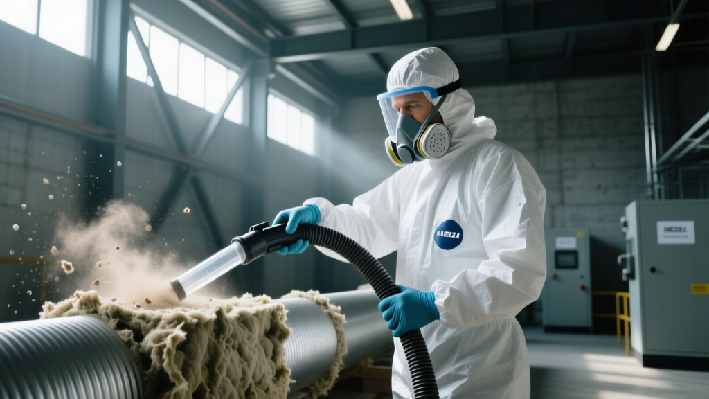 Inspector in PPE using a HEPA vacuum to safely collect a sample of suspect corrugated pipe insulation for asbestos testing