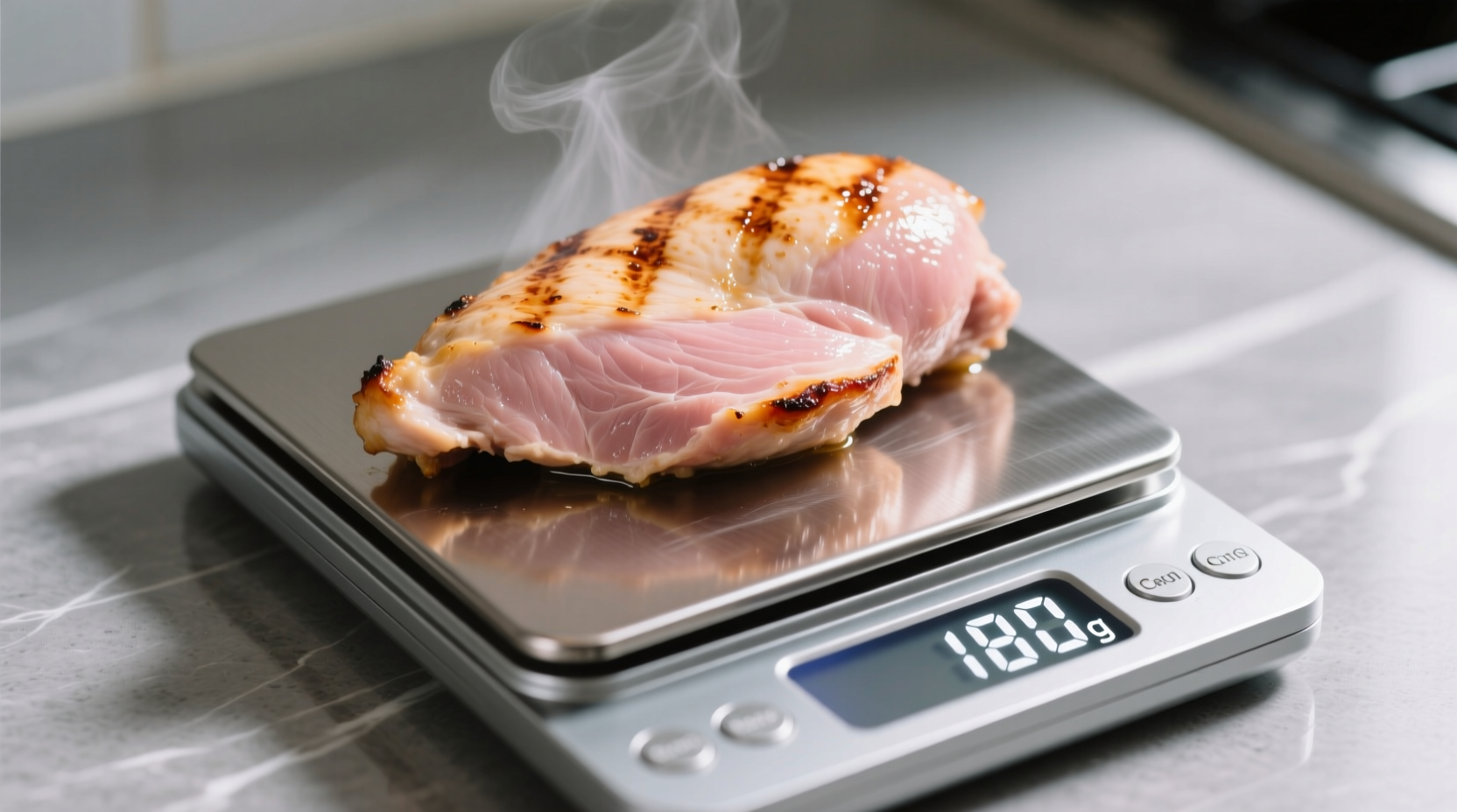 Cooked chicken breast portion on measuring scale