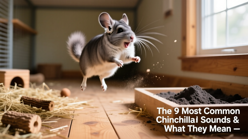Chinchilla mid-popcorning—leaping joyfully in the air inside a spacious, enriched enclosure with hay, wood toys, and a dust bath nearby