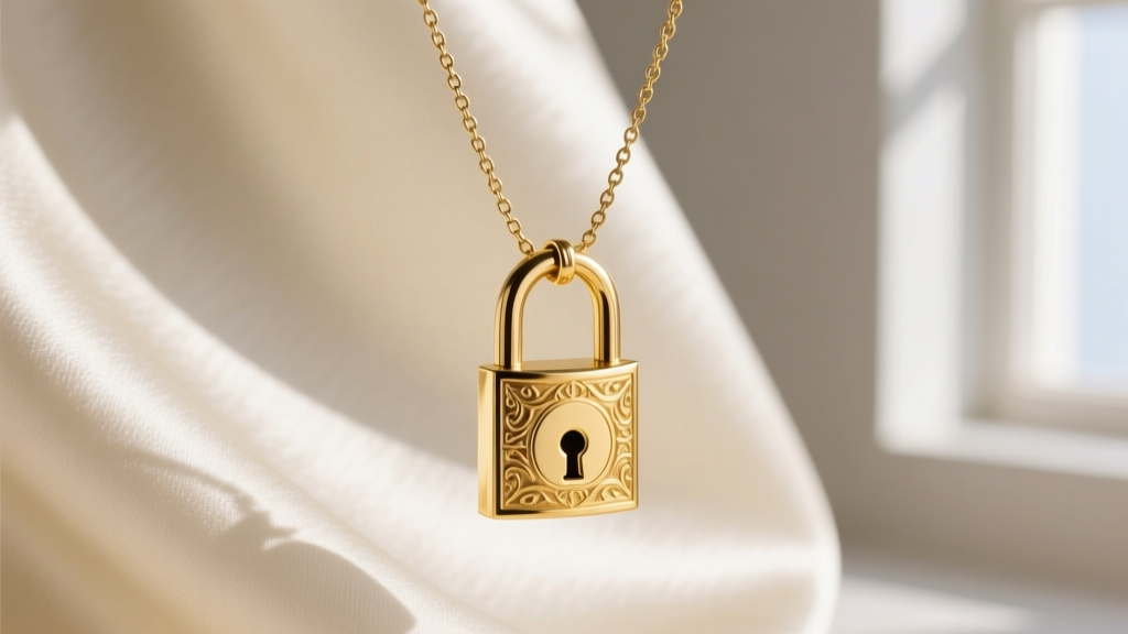Close-up of a polished 18k yellow gold padlock pendant hanging on a delicate 1.5mm box chain against a soft silk background