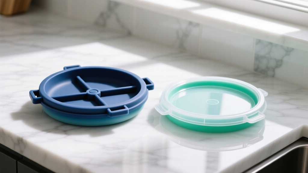 Close-up comparison of a four-hinge locking silicone seal lid next to a standard snap-on plastic lid on a marble kitchen counter