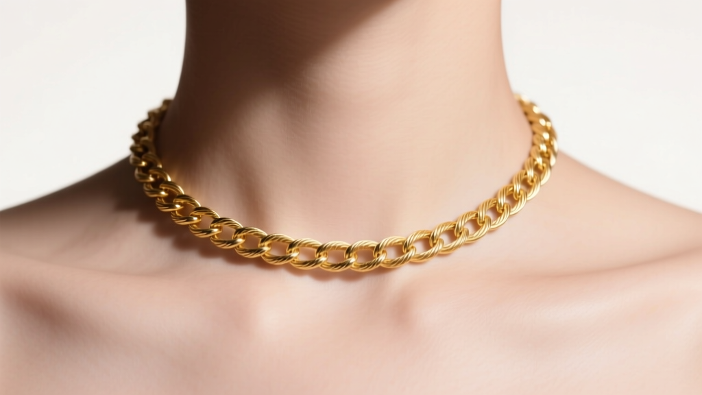 Macro shot of a 14k gold 14 inch choker necklace on a collarbone, soft studio lighting highlighting the delicate cable chain links.