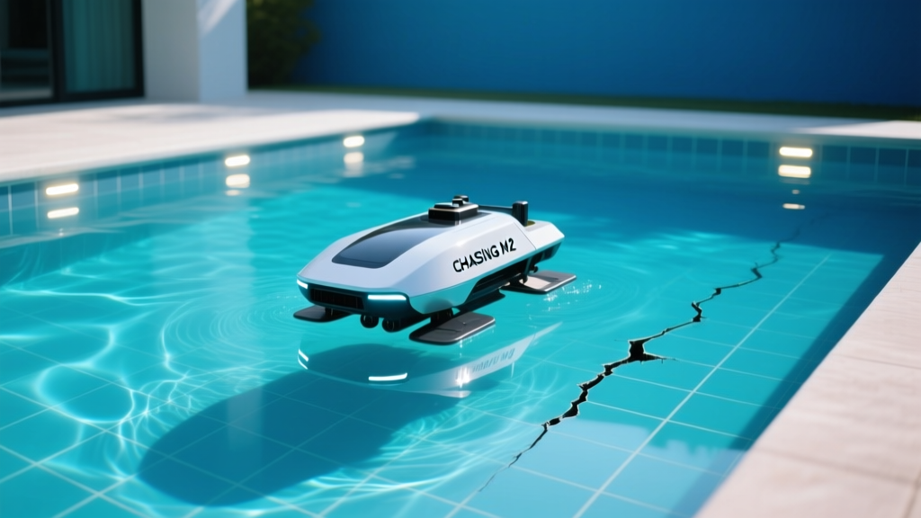 CHASING M2 underwater ROV scanning the blue tiled floor of a residential swimming pool with LED lights illuminating a hairline crack