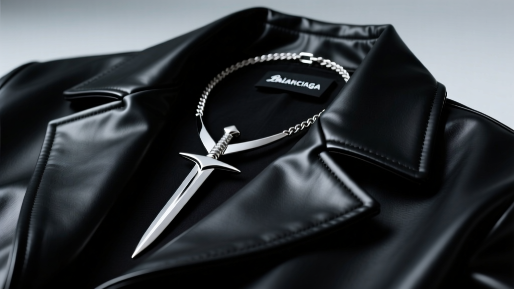 Close-up of a silver-tone Balenciaga sword necklace resting on a black leather jacket lapel, moody studio lighting