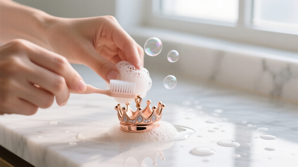 Hands scrubbing a rose gold crown pendant with a soft baby toothbrush in warm soapy water under bright natural lighting.