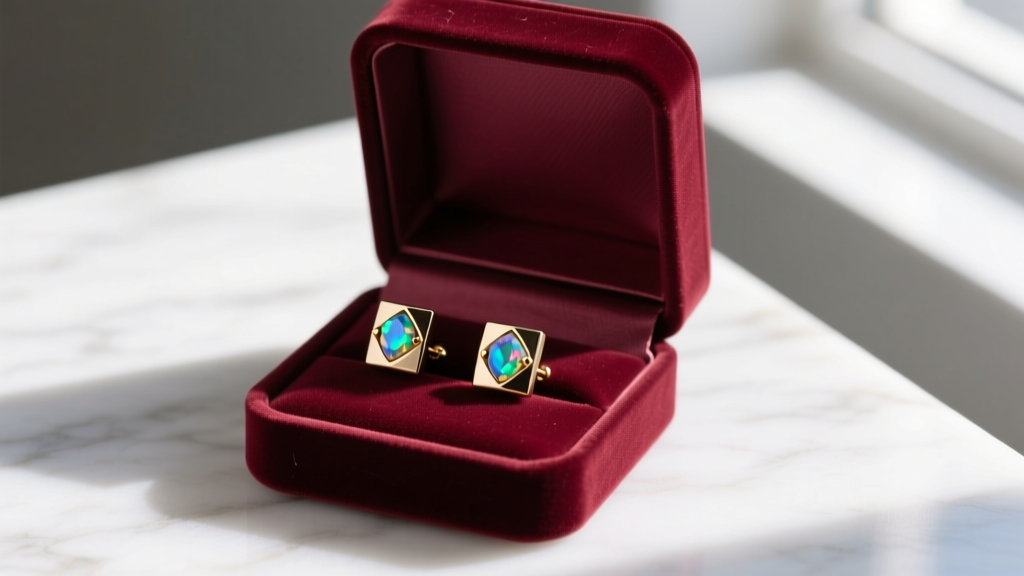 Open velvet gift box on marble displaying 16-gauge implant-grade titanium flat-back stud earrings with small bezel-set opal gems