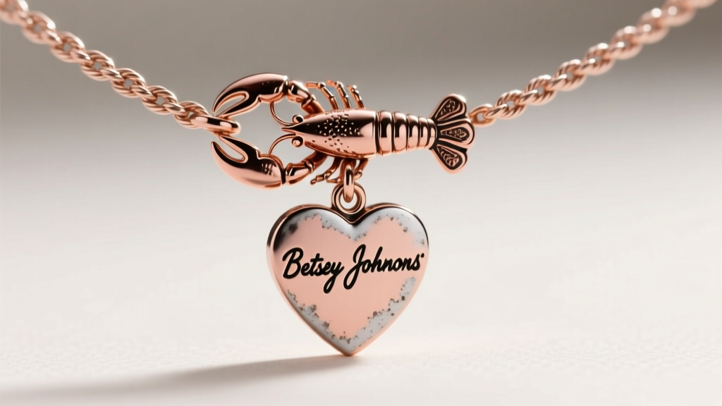 Macro photography of a Betsey Johnson charm necklace lobster clasp and signature heart-shaped metal hangtag on a cable chain