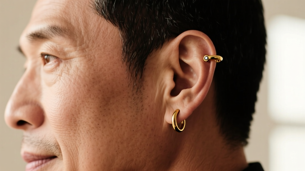 Side profile of a man showcasing a 16-gauge gold seamless hoop in his upper helix cartilage piercing, highlighting ear anatomy