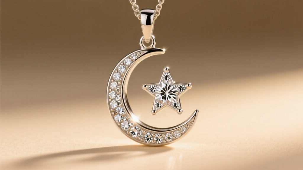 Close-up of a sterling silver crescent moon and star pendant with pavé zirconia stones, photographed against soft warm lighting.
